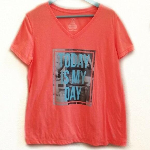 Danskin Now "Today Is My Day" Coral V-Neck T-Shirt XL gym casual workout tee - Picture 2 of 5